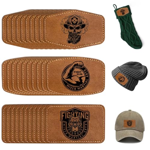 Leatherette Patches/Sheets for Laser Engraving,Laserable Blank Faux Leather Patches with Heat Press Adhesive Iron on Hat/Cap/Beanies/Stocking-30 Pieces 3 x 2 Inches-Rustic Brown-Rectangle/Hexagon