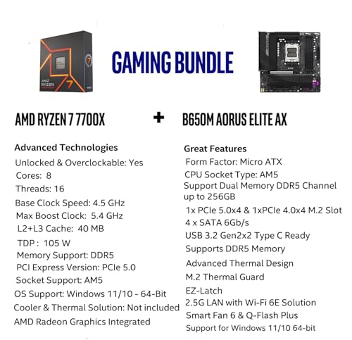 Image of Micro Center AMD Ryzen 7 7700X CPU Processor Bundle with GIGABYTE B650M AORUS Elite AX Gaming Motherboard (AM5, Micro-ATX, DDR5, PCIe 5.0 M.2, USB 3.2 Gen2X2 Type-C)