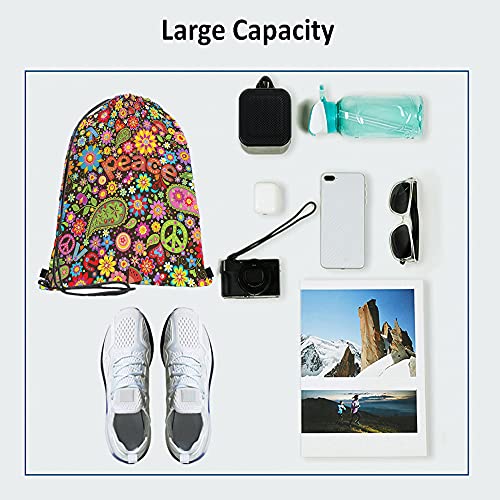 Beabes Peace Drawstring Bags Backpack Bag Sign Symbol Love Hippie Colorful Floral Butterfly Paisley Heart Leaf Sport Gym Sack Drawstring Bag String Bag Yoga Bag For Men Women #TOP2