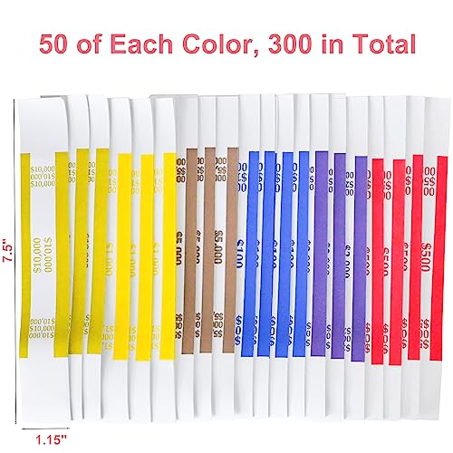 Essential 7.5 X 1.25 Inches 300 Assorted Currency Straps Self Sealing Currency Bundles Bands Money Bill Band Strap (300 Assorted, 50 Of Each Colors) #TOP3