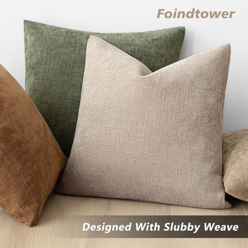 Image of Foindtower Set of 2 Soft Textured Chenille Throw Decorative Pillow Covers Square Accent Solid Cushion Cover Cozy Neutral Farmhouse Pillow Case for Couch Sofa Bedroom Living Room 26x26 Inch,Cream Camel