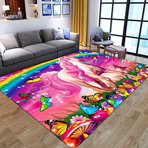 Einhorn 3D Gedruckter Teppich Cartoon Regenbogen Schmetterling Sternmuster Wohnzimmer Schlafzimmer...