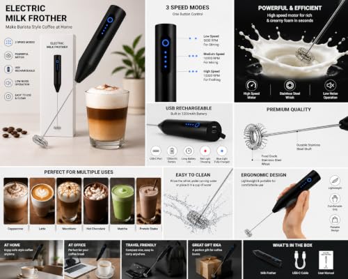 Image of Rechargeable Electric Milk Frother, Handheld USB-C Milk Foamer for Coffee, Cappuccino, Latte, Matcha & Hot Chocolate, 3 Speed Stainless Steel Whisk, Portable Drink Mixer, Black