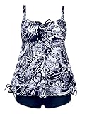 Septangle Womens Tummy Control Tankini Swimsuits Set High Waisted Ruched Bathing Suits Modest Full Coverage Swimwear with Board Shorts, White and Navy Blue Floral, US20