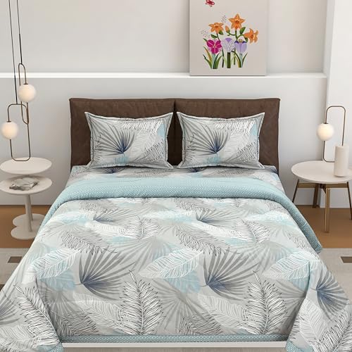 Image of Florida Blue Leaf Polycotton Double Bed AC Comforter with 1 Bedsheet & 2 Pillow Covers | Ultra Soft 4 Pc Reversible Bedding Set