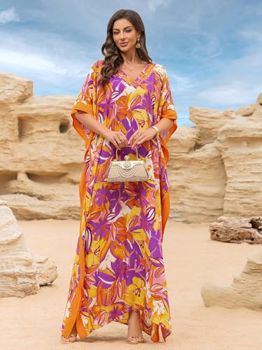 Image of KECVOT Kaftan Dresses for Women V-Neck Print Swimsuit Cover Up Plus Size Beach Caftan Lounge Dress
