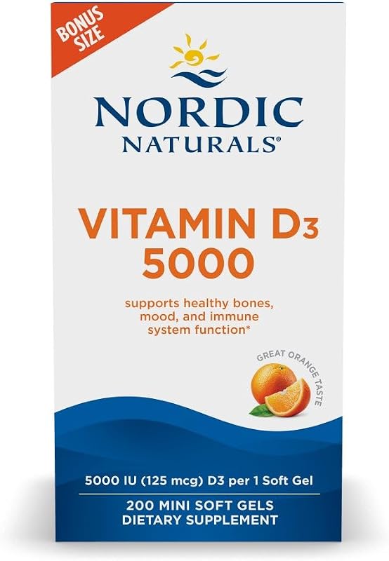 Vitamina D3 5000 UI, sin OGM, naranja - 200 mini cápsulas blandas | Vitamina D3 de alta potencia para la salud ósea, el apoyo del estado de ánimo y la función inmunológica. Una mini cápsula blanda al día. Sin OGM. 200 raciones
