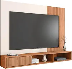 Painel Para TV Até 55 Polegadas Ripado Impressão 3D Com Nicho Madrid Madeirado/Off White