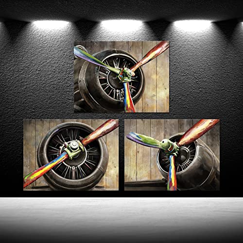 Iknow Foto IK2553 3 Pieces Vintage Airplane Propeller Canvas Wall Art Plane Engine Artwork Rustic Aircraft Painting Print Pictures thumb #1
