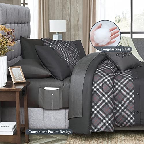 Wrensonge Plaid Queen Comforter Set, 8 Pieces Grey Printed And Spliced Plaid Herringbone Bedding Set, Microfiber Soft Farmhouse Comforter Set With Decor Pillow, Lightweight Breathable For All Seasons #TOP4