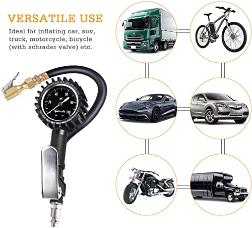 Astroai Glow Dial Tire Inflator With Pressure Gauge 100 Psi, Heavy Duty With Large 2" Easy Read Glow Dial, Air Chuck, Quick Connect Coupler And Rubber Hose Compressor Accessories, Gifts For Men. #TOP4