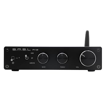 S.M.S.L A12 Home Audio Amplifier Stereo Receivers Bluetooth 5.0 Mini HiFi Class D Integrated 2 Channel Power Amp with Bass and Treble Control 80Wx2 for Home Speakers MA12070 (with Power Supply)