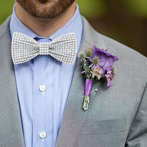 PACGOTH Rhinestone Bow Ties for Men, Pre-tied Glitter Bow Ties with Adjustable Strap, Silver - Style 1 — view 2