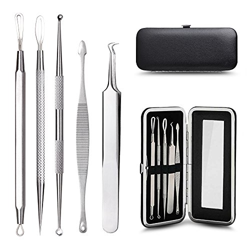 HeyBeauty Blackhead Remover Tools Kit with 10 PCS Alcohol Cotton Pads, Professional 5 in 1 Whiteheads Blemish Comedones Acne Zit Pimple Treatment Tools