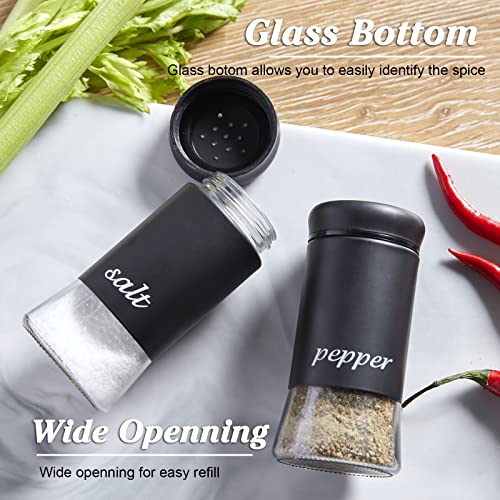 Black Salt and Pepper Shakers Set, 5 oz Glass Bottom Salt Shaker for Kitchen Table, for Black Kitchen Decor and Accessories, Easy to Clean & Refill