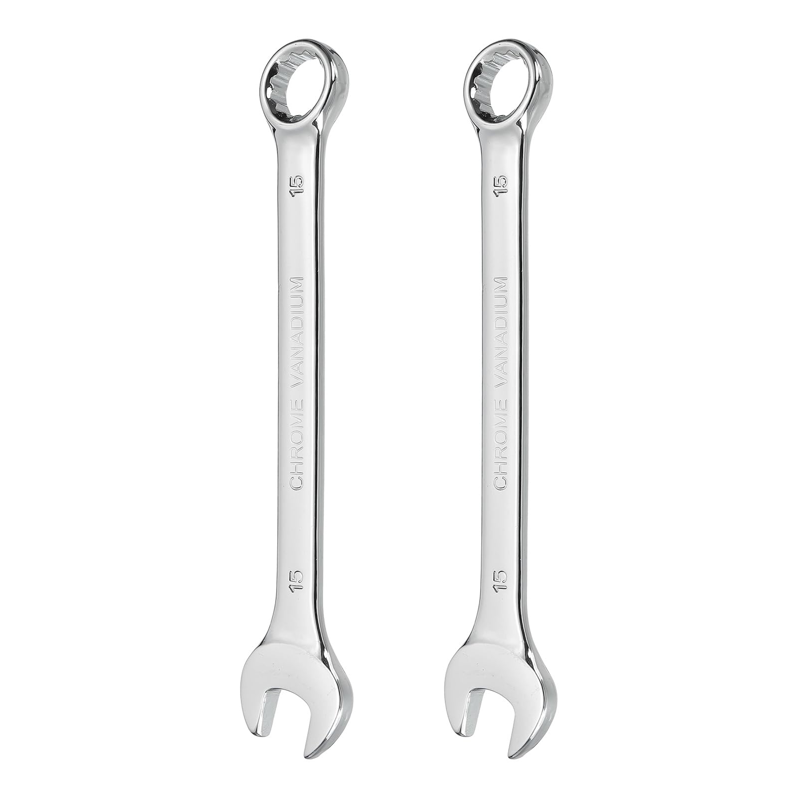 sourcing map 2Pcs Combination Wrench 15mm Metric 12-Point Box and Open End CR-V Steel Double Ended Spanner Tool for Automotive Pipe Furniture Machinery DIY Repair, Silver White
