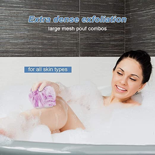 Image of Bathing Accessories Combo of 4- Bath sponge| Body scrubber| Long lofa| Foot scrubber| Bath brush| Back Long lufa| Body wash scrub| Body Cleaning Bathing Loofah For Women Men & Kids (Colour Purple)