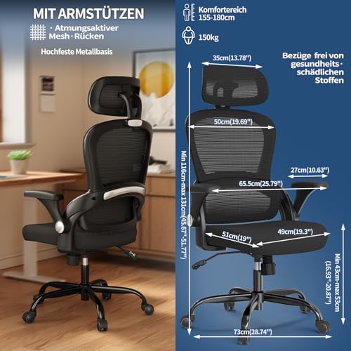 Image of TRALT Ergonomic Office Chair, Desk Chair with Adjustable Headrest, Height-Adjustable Office Chair, Office Chair, Ergonomic Desk Chair, Gaming Chair, 150 kg for Long Time, Black