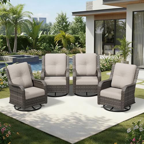 Image of Joyside 4 Piece Outdoor Swivel Rocker Patio Chairs, Wicker Patio Furniture with High Back, Deep Seating, Wide Armrest, Thickened Cushions, Outdoor Rattan Furniture for Deck, Porch Use