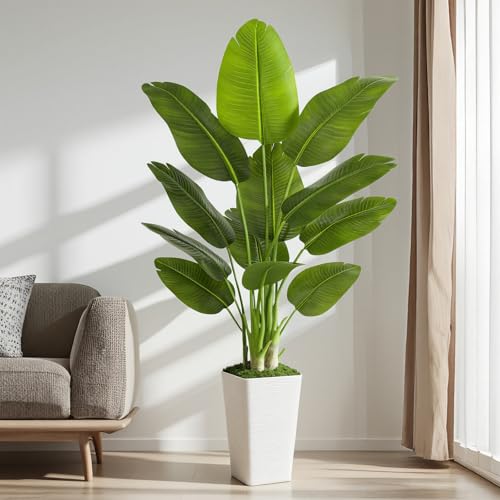 Image of Lifelike Bird of Paradise Artificial Plant 6ft Faux Banana Leaf TRE with White Tall Wavy-Textured Planter for Home Decor- perect Indoor Silk Floor Plant for Living Room Office Ambianc Enhancement