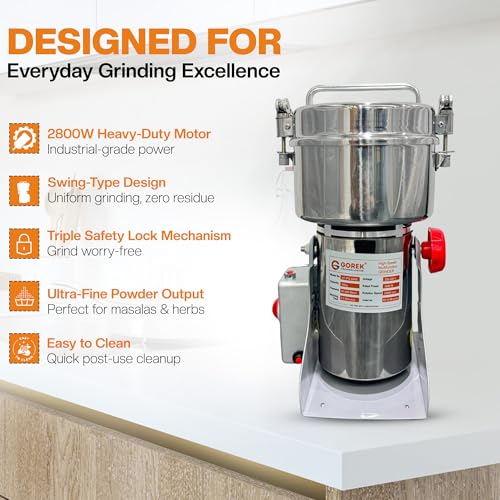 Image of Gorek Technologies Masala Grinder Machine - 2000g Capacity | High-Speed 3000W Stainless Steel Dry Grinder for Grains, Herbs, Masala, Seeds, Home & Commercial Use | Portable Spice Grinder | GT-PG-2000S