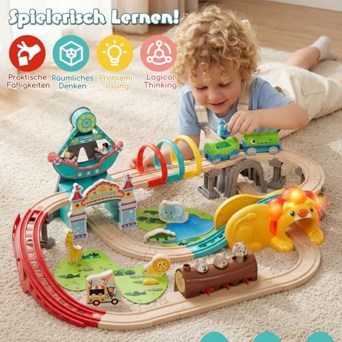 Lehoo Castle Wooden Train, Dinosaur Locomotive, Amusement Park, Wooden Railway Children with Lion Tunnel, Wooden Train Accessories, Wooden Toy for Children from 3 Years