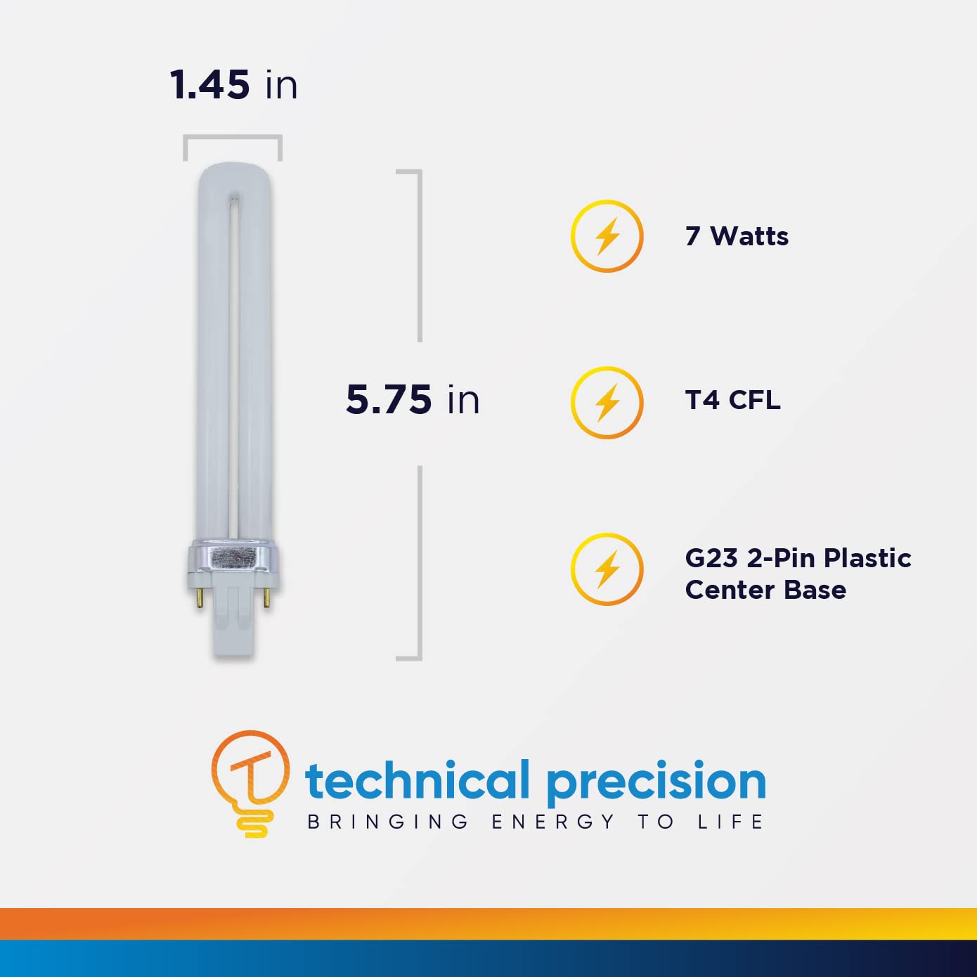Technical Precision 7W 45V - T4 CFL Compact Fluorescent Twin Tube Light Bulbs - Replacement for GE General Electric G.E F7BX/827/Eco Light Bulb G23 Bi Pin Base - 2700K Warm White - 2 Pack