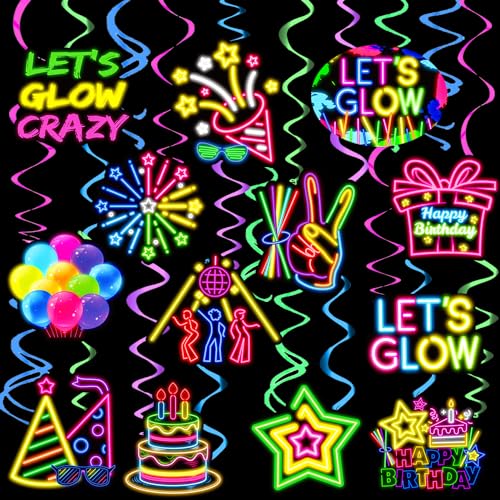 Neon Party Hanging Swirls Glow Birthday Decoration Neon Birthday Party Supplies Glow Neon Ceiling Streamers Glow in The Dark Decoration for Let's Glow Baby Shower Supplies