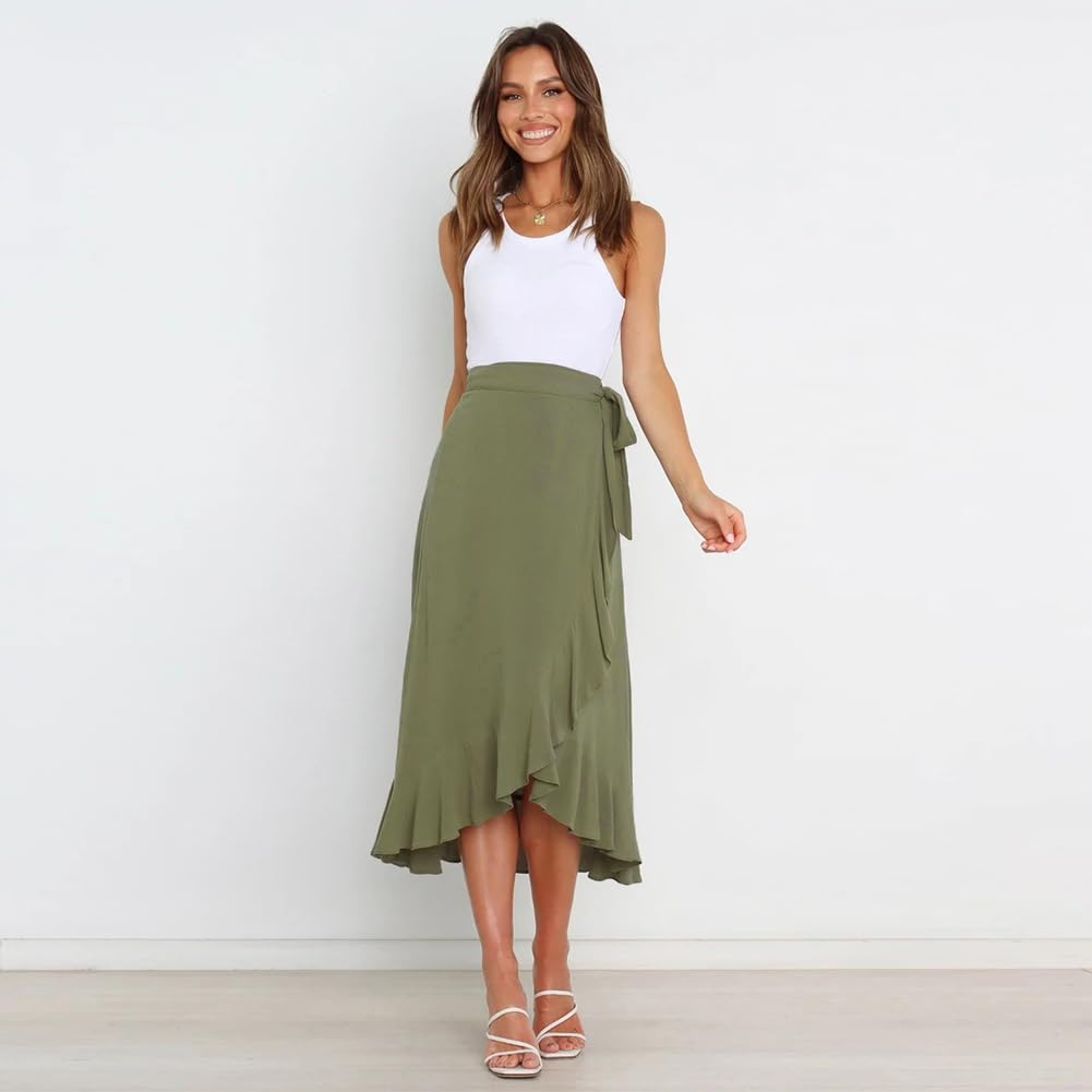 Odizli Gonna estiva da donna, elegante, a vita alta, con volant