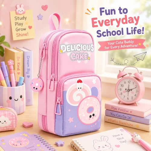Image of Alokik Cute Pink 3 Compartment Pencil Pouch for Girls, Large Capacity Stationery Organizer with Zipper, Multi Pocket Pouch for Kids, Students & Office UseCute Food Theme Design (Delicious Cake Pouch)