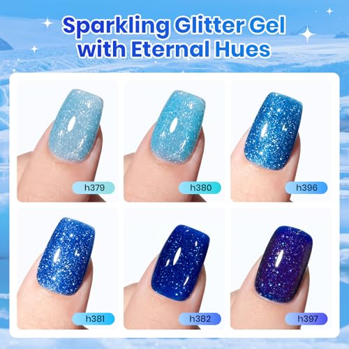 Image of Beetles Blue Gel Nail Polish Set, 6 Colors Glacier Diamond Glitter Deep Blue Shimmer Gel Polish, Sparkling Summer UV Soak Off Nail for DIY Nail Art Salon Home Gift for Women