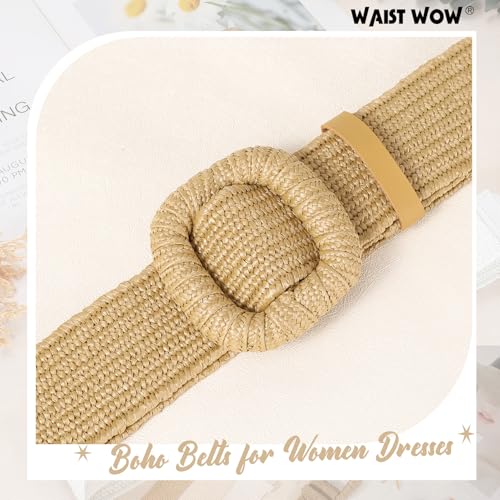 Image of Straw Woven Elastic Belt for Women Stretchy Belts for Dress Fashion Boho Waist Belt Rattan Raffia Ladies Belts