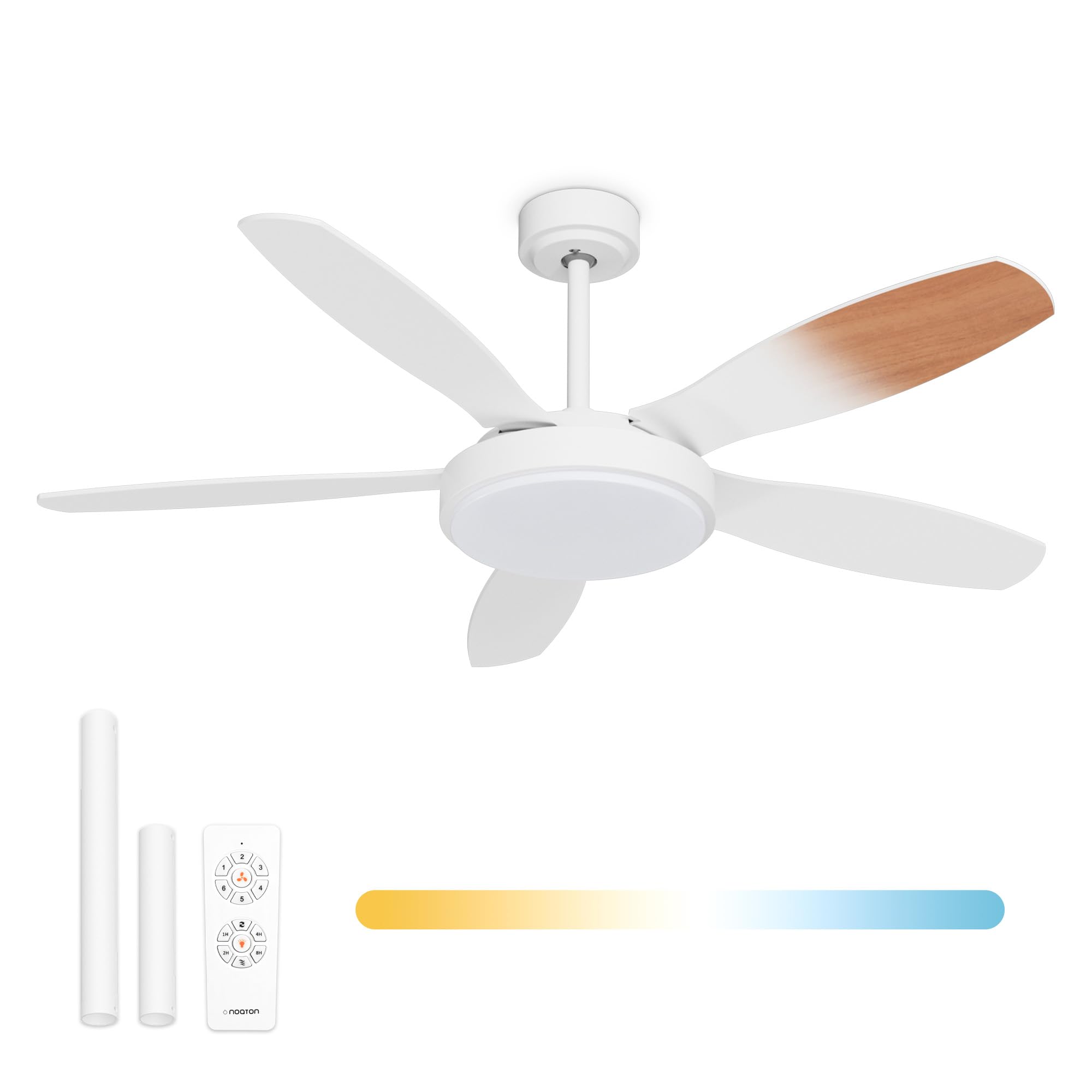Noaton® Maia Ventilatore da soffitto con illuminazione, bianco/acero, diametro 132 cm, motore DC 41 W, LED 24 W, telecomando, portata d'aria fino a 198 m3/min, asta di prolunga 15/25 cm