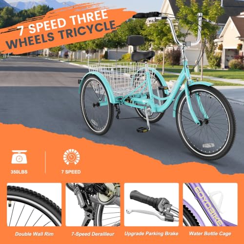 Image of Adult Tricycle, 7 Speed Adult Trike, 20 /24 /26 inch 3 Wheel Bike with Basket | Low Step-Through Frame, Wide Seat with Backrest, 350 lbs Capacity, Tricycle for Adults, Seniors, Women and Men