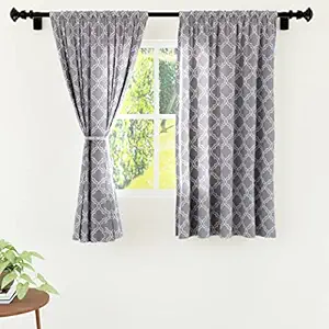 Encasa Homes Polyester Printed Window Curtain for 5 ft with Tie Back, Rod Pocket, Light-Filtering, Curtains for Kitchen, Bedroom, Living Room (142x150 cm), Grey Trellis, Set of 2