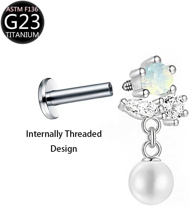 18G CZ Flower Pearl Dangle Flat Back Stud Earrings G23 Titanium Internally Threaded Cartilage Conch Helix Daith Earrings Studs Dangling Cartilage Piercing Jewelry for Women 8mm - Image 5