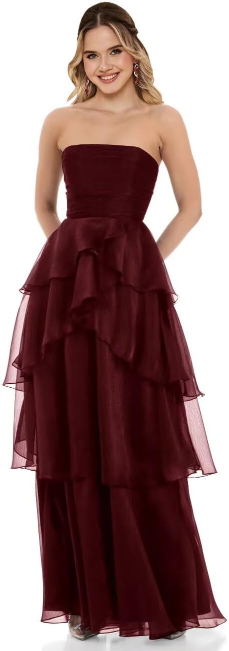 Strapless Tulle Prom Dress for Women Pleated Long Tiered Ruffle Sleeveless A Line Ruched Formal Evening Ball Gown
