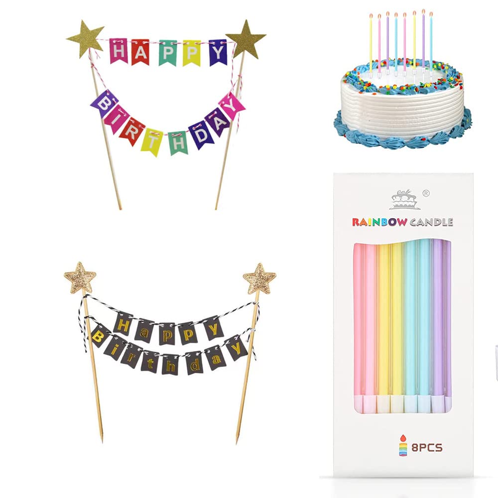Decorazione Per Torta Arcobaleno – Con Scritta Happy Birthday, Candele E Bastoncini – Riutilizzabile, Per Torte 20-23 Cm