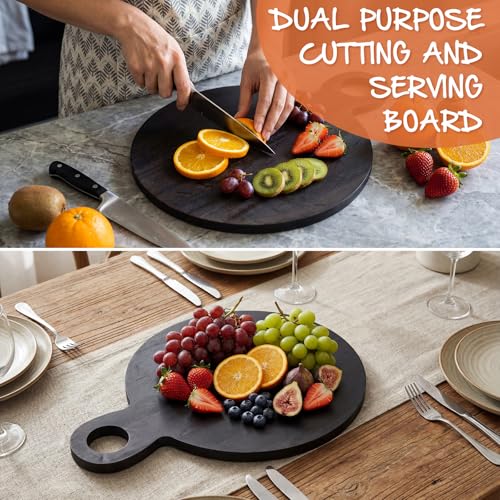 Image of 1 Pcs Acacia Wood Cutting Board with Handle 21'' Circle Charcuterie Chopping Board for Pizza Cheese Meat Decorative Black Wooden Serving Tray for Kitchen and Dining Room