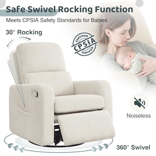 Image of Swivel Rocker Recliner, Oversized Manual Nursery Glider Rocking Recliner Chair with Removable Cushion, Upholstered Corduroy Swivel Reclining Chair for Nursery Living Room Bedroom, Cream White