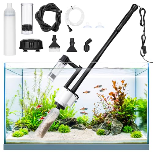 AQQA Electric Fish Tank Cleaner – 30W Aquarium Water Changer with Gravel Vacuum, Corner Nozzle Brush, Oxygen Boost etc Complete Accessories, 480 GPH Pump for Freshwater Saltwater Tanks