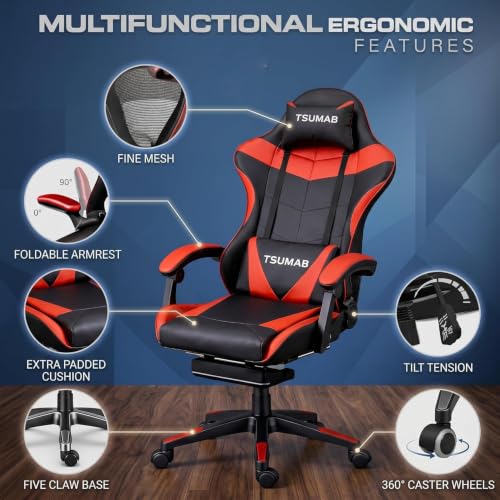 Image of Ergonomic Gaming Chair with Adjustable Recline, Padded Armrests & Lumbar Support - Heavy Duty Office & Gaming Chair for Home and Work (Black & Red)