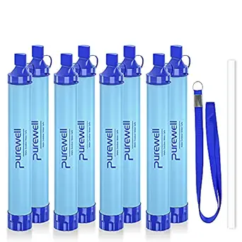 Purewell Outdoor Water Filter Personal Water Filtration Straw Emergency Survival Gear Water Purifier for Camping Hiking Climbing Backpacking(8PCS)