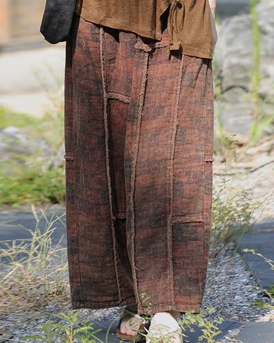 LUZU JUNU Women's Cotton Loose Patchwork Wide Leg Casual Lounge Vintage Boho Cropped Pants with Pocket3