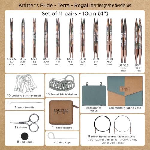 Image of Knitter's Pride Terra Regal Interchangeable Needle Set 4 inch inch (10cm) - 11 US Sizes (2.5 to 11)