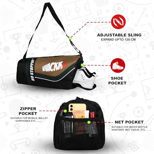 Image of Whackk Armstrong Blk Khaki 33L Gym Fitness Workout Training Sports Travel Duffle Bag Separate Shoe Pocket Dry Wet Pocket Multipurpose Carry Bag Adjustable Strap Lightweight Sports Kit Men Women
