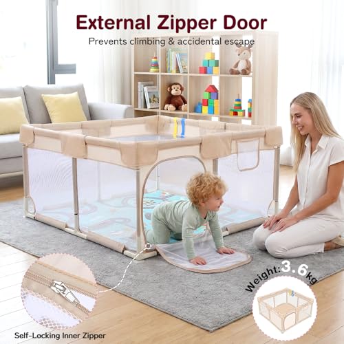 Image of Kidirect Baby Playpen with Play Mat 47x47 - Small Playpen for Babies & Toddlers, Activity Center, Indoor Outdoor, Beige