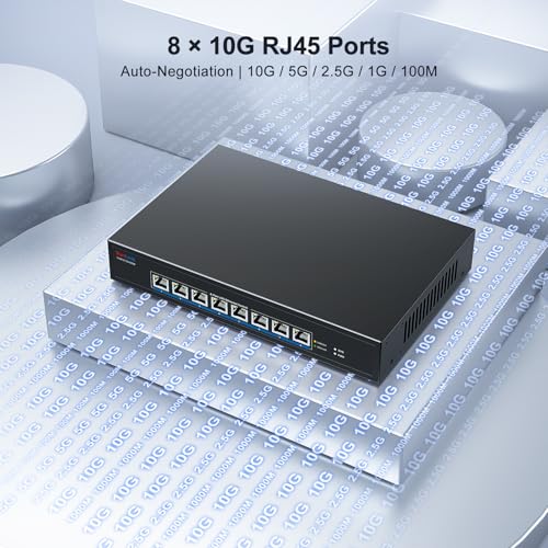 Image of 8-Port 10Gb RJ45 Ethernet Switch Unmanaged, VunLink 10GBase-T Multi-Gig (10G /5G /2.5G /1G) Network Switch, 160Gbps Capacity, 19-inch Rackmount, for 10G NAS, Server, PC, Workstation