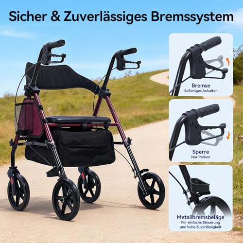 ByteTecpeak R4 Rollator faltbar und leicht mit Sitz, Rollatoren schmal für Wohnung, Rollatoren für Senioren klappbar mit 20 cm Reifen für All-Terrain, Sitz- und Griffhöhe verstellbar