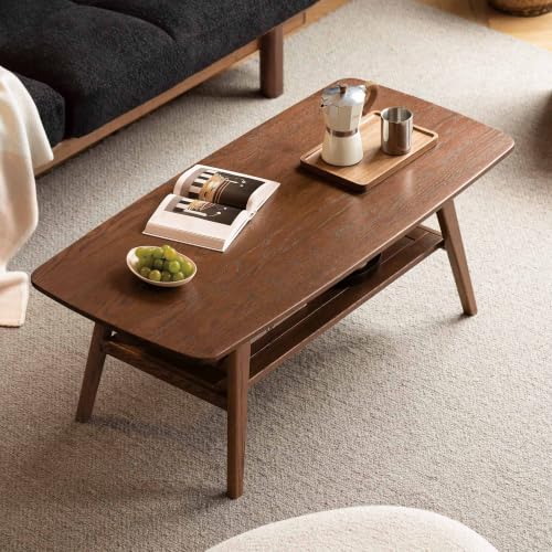 100% Solid Wood Coffee Table for Living Room, Mid Century Modern Small Tables with Shelf Storage, Storage Coffee Table with Rounded Corners (Oak Wood Walnut Color, 47.24' L)